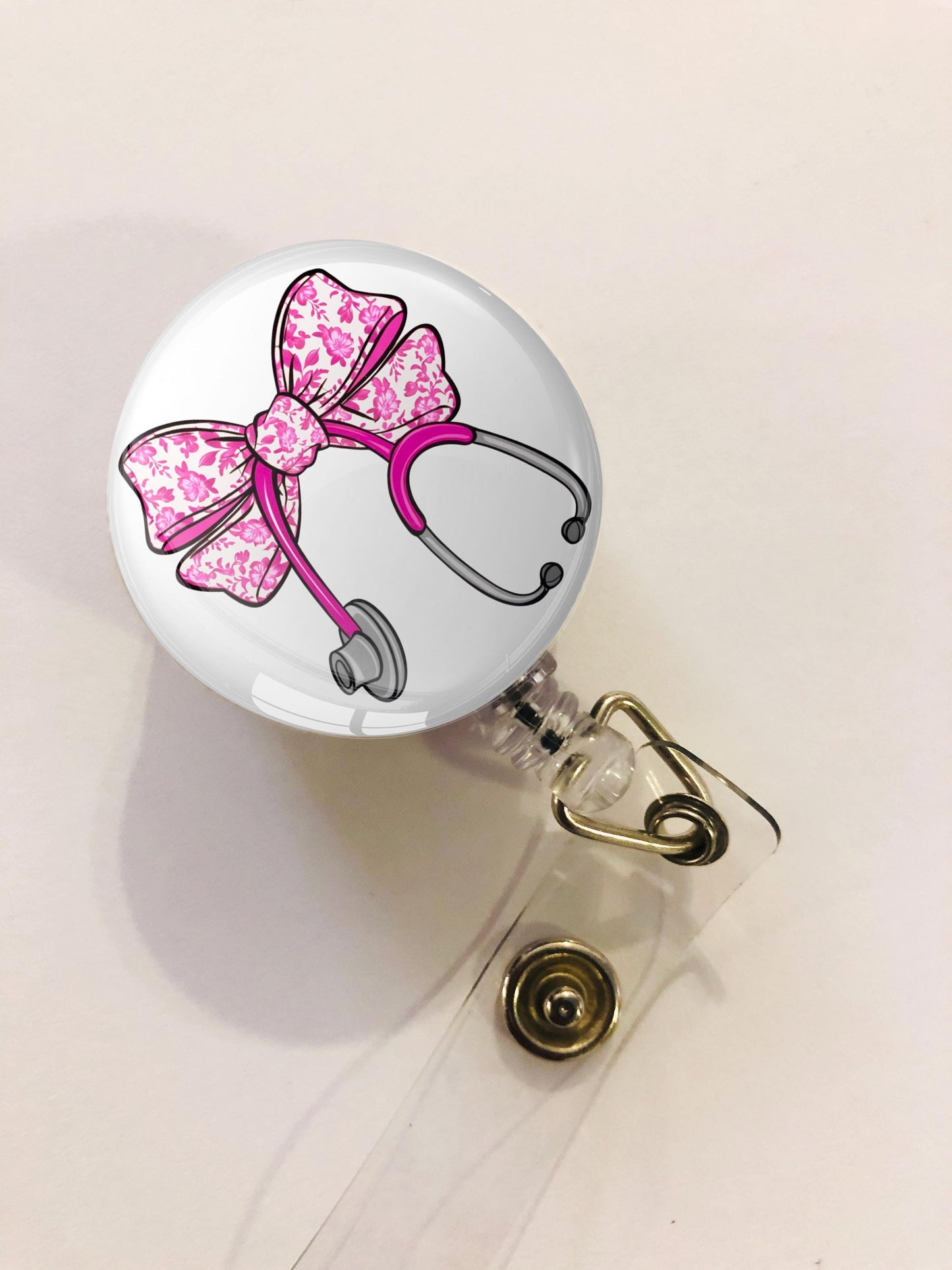 Pink Bow with Stethoscope Badge Reel - Nurse Badge Reel - ID Retractable badge, ID Badge Reel - Nurse Gift - Doctor Gift