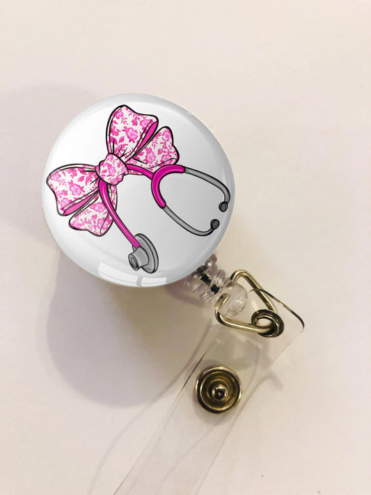 Pink Bow with Stethoscope Badge Reel - Nurse Badge Reel - ID Retractable badge, ID Badge Reel - Nurse Gift - Doctor Gift