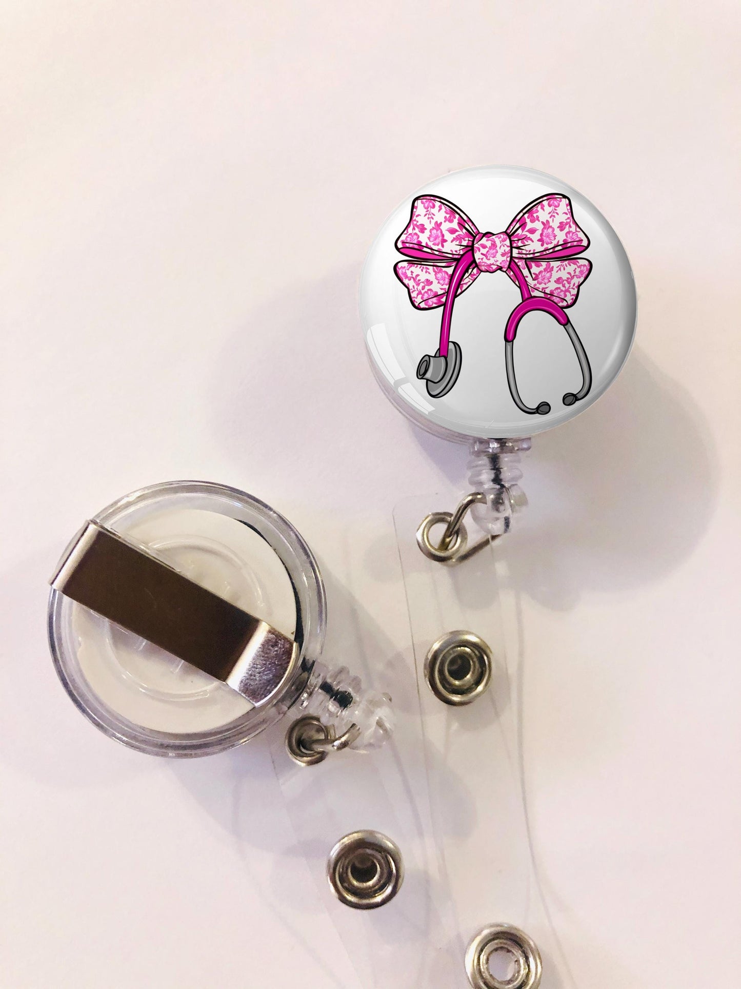 Pink Bow with Stethoscope Badge Reel - Nurse Badge Reel - ID Retractable badge, ID Badge Reel - Nurse Gift - Doctor Gift